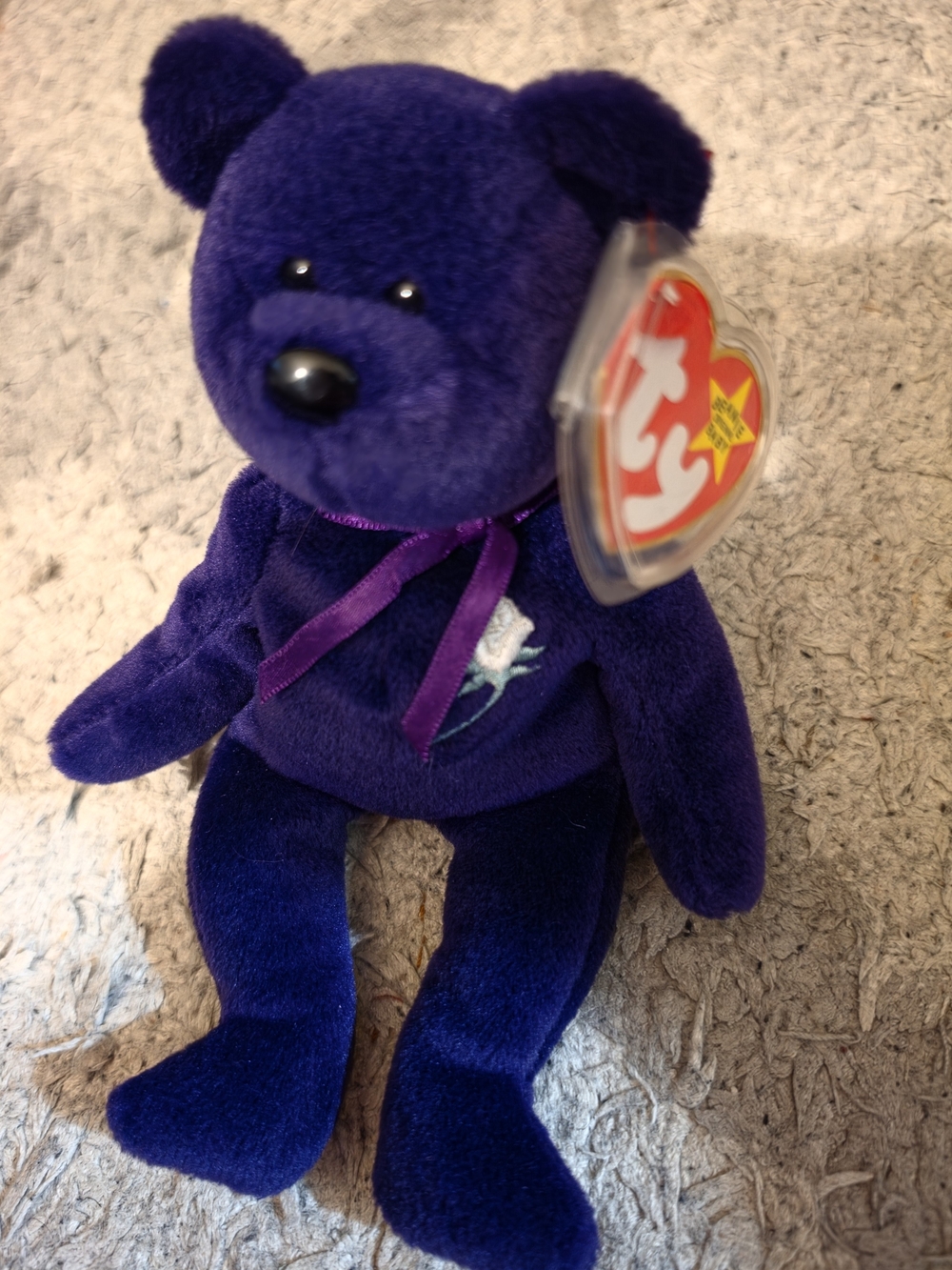 Ty Purple Beanie Baby Bear with White Rose Embroidery